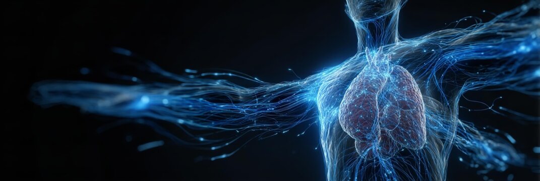 A man's body is shown in a blue and red color scheme, with red veins and blue veins.