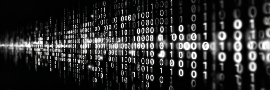 A black and white image of a long line of numbers. The numbers are in a row and are all different sizes. Concept of complexity and order, as well as the idea of a long, never-ending sequence