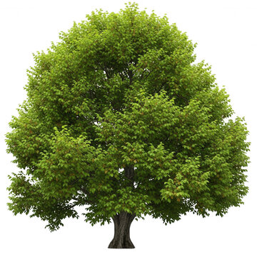 A single deciduous tree with a dense, rounded canopy of vibrant green leaves and a textured brown trunk, isolated against a solid black