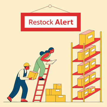People restocking shelves with boxes and restock alert sign