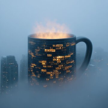 Giant coffee mug skyscraper with office windows steaming in foggy morning cityscape