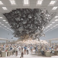 Obraz premium Chaotic office scene with giant magnet pulling metal furniture to ceiling and panicked workers below fluorescent lights