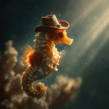 Goldfish in Cowboy Hat Riding Seahorse in Ocean Glowing Light