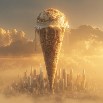 Giant melting ice cream cone over city skyline at golden hour
