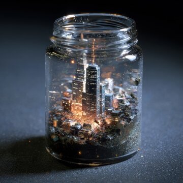 Tiny skyscraper enclosed in glass jar on desk under dramatic cinematic lighting