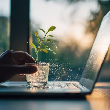 Office worker watering a small plant growing from laptop screen in a bright afternoon office setting