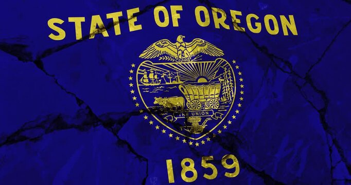 A panning video of a cracked wall with The oregon state flag of the United States of America