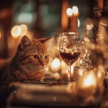 Serious cat acting as a sommelier evaluating a wine glass in a warm, intimate restaurant setting with candlelight