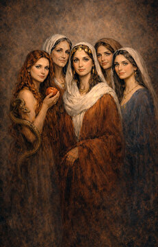 Five biblical women in ancient robes with apple and serpent on dark background in classical painting style