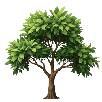 A stylized of a deciduous tree with a thick brown trunk and dense, layered green foliage isolated on a solid black background