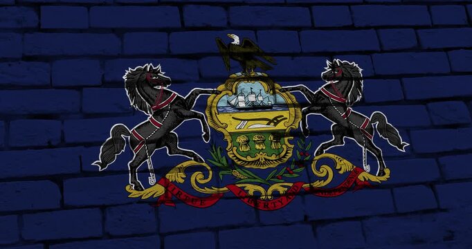 A panning video of a brick wall with the Pennsylvania state flag of the United States of America