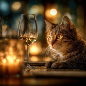 Sophisticated cat sommelier analyzing wine in cozy restaurant ambiance with warm candlelight
