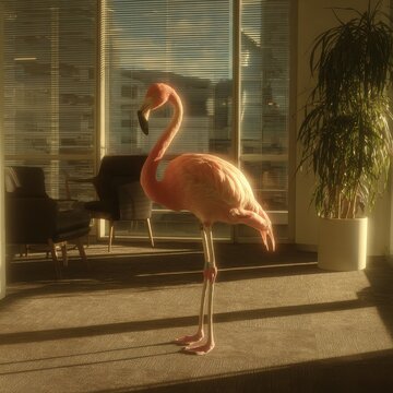 Confused Flamingo in Corporate Tech Company Lobby in Soft Morning Light