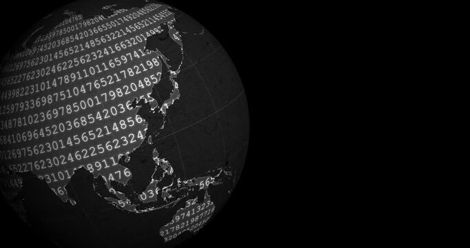 A grey globe earth spinning with a blinking number code codification at the left side of the screen and a black background