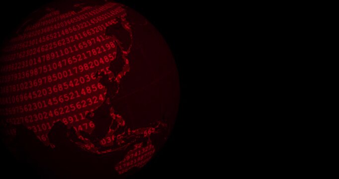 A neon red globe earth spinning with a blinking number code codification at the left side of the screen and a black background