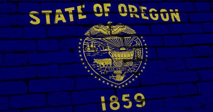 A panning video of a brick wall with the oregon state flag of the United States of America