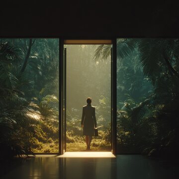 Businesswoman stepping into a lush jungle through an automatic door in warm tropical light