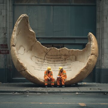 Giant fortune cookie cracked open on city street with workers reading massive message inside