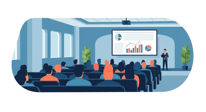 Flat vector illustration of a professional male speaker conducting a business presentation to a seated audience in a conference room featuring data charts on a screen.