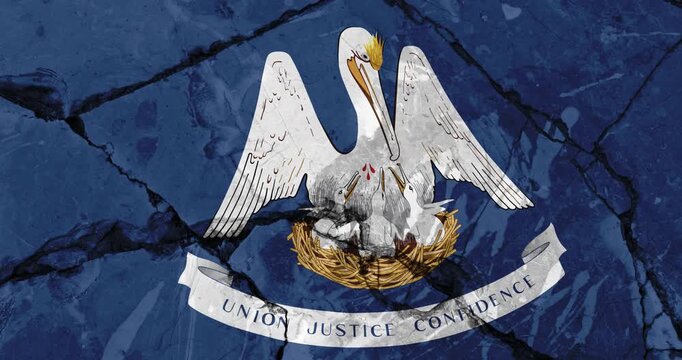 A panning video of a cracked wall with The louisiana state flag of the United States of America