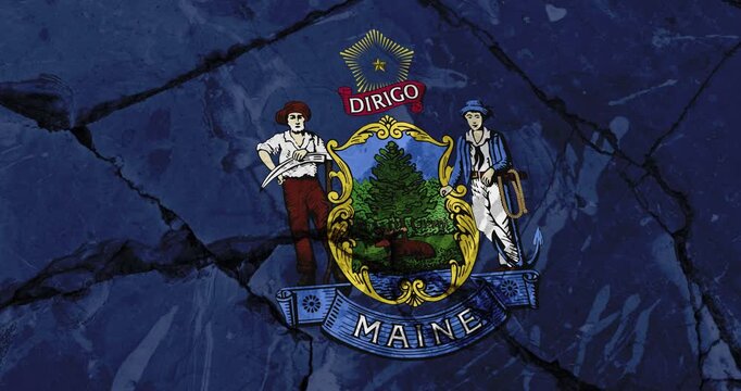 A panning video of a cracked wall with The maine state flag of the United States of America