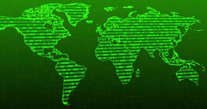 A panning video of a green neon world map with a blinking binary code into the continents