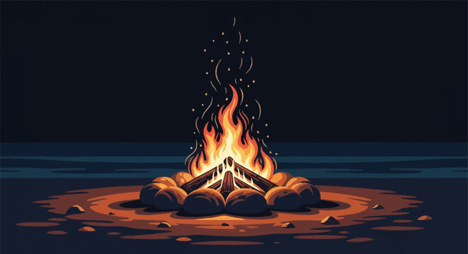 Vector illustration of a burning campfire on a sandy beach at night with orange flames and sparks rising from wood logs surrounded by a circle of stones near the ocean coast.