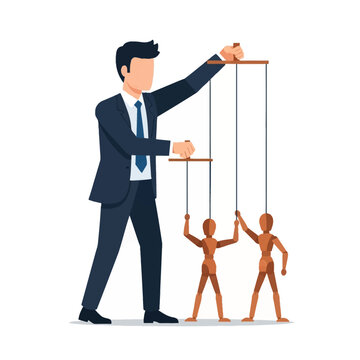 Vector illustration of a businessman in a formal suit and tie acting as a puppeteer, manipulating two wooden mannequin puppets on strings against a plain white background.