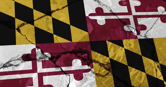 A panning video of a cracked wall with The maryland state flag of the United States of America