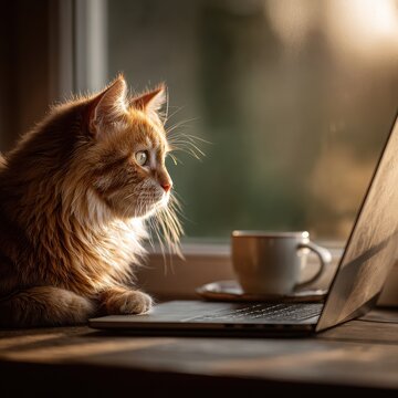 Cat typing intensely on laptop with coffee in home office under natural window light