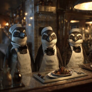 Penguins dressed as restaurant staff serving dinner with serious expressions under warm lighting