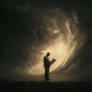 Calm businessman in suit reading newspaper amidst raging tornado storm, dramatic dark atmosphere