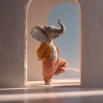 Elephant in yoga pants attempting downward dog in sunny minimalist studio