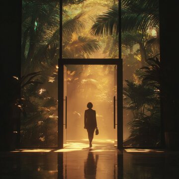 Businesswoman stepping through automatic doors into lush jungle under warm tropical light