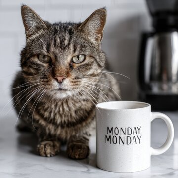 Tabby cat with Monday motivation mug in minimalist kitchen, looking unimpressed in morning light