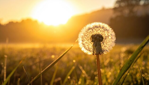 A single resilient dandelion seed head stands tall in a lush meadow during a beautiful golden sunset, capturing the essence of nature and the gentle warmth of the fading summer light.