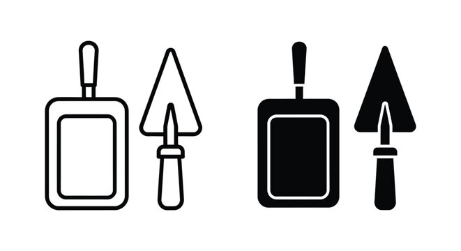 Trowel and bricklayer tool icon for construction and DIY projects in outline and silhouette
