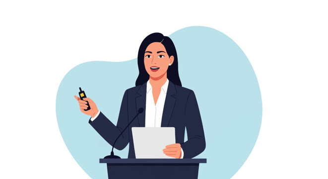 Vector illustration of a Hispanic businesswoman in a professional suit giving a presentation at a podium with a microphone, holding a remote clicker and paper speech notes.