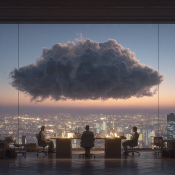 Office workers collaborating at desks on floating cloud over city skyline at cinematic dusk
