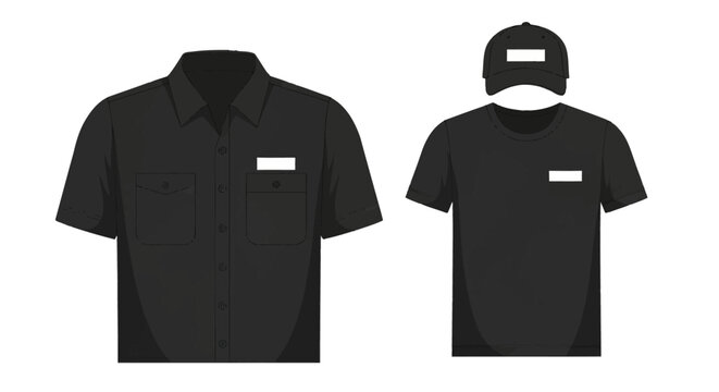 Black corporate uniform mockup set featuring a short-sleeved button-down shirt with pockets, a crew neck t-shirt, and a baseball cap with white logo placeholders on a white background.