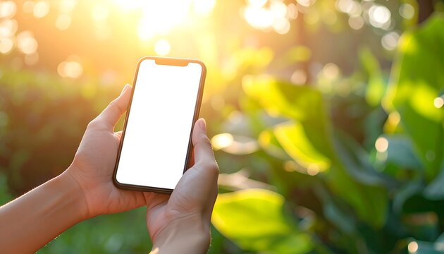 Hand holding smartphone outdoors with natural light background
