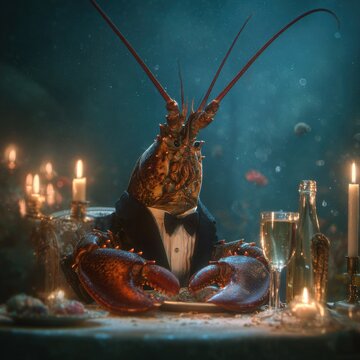 Elegant lobster dining in black tie at underwater candlelit restaurant