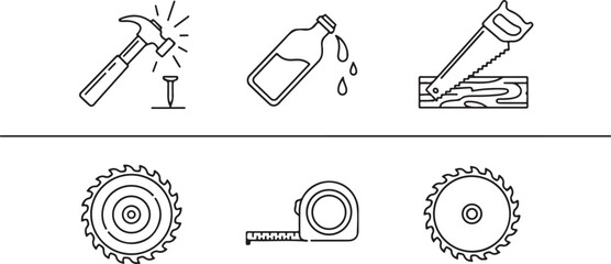 Fototapeta premium Set of construction tools and hardware icons including hammer saw and measuring tape in line style