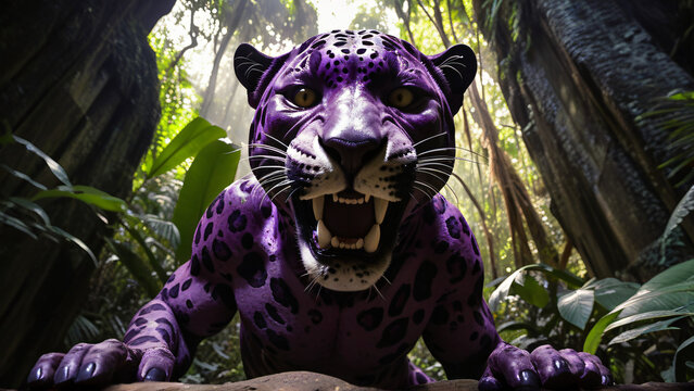 A purple undead  brooding jaguar  genetic hybrid experiment acting surprised