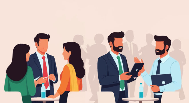 Flat vector illustration of diverse Indian professionals networking in a corporate office setting, featuring men in suits and women in business attire using tablets and laptops.