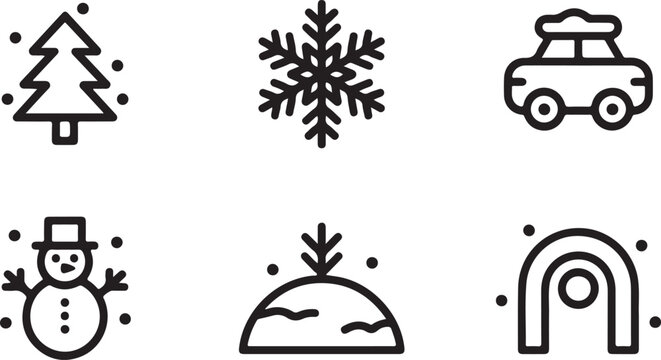 Set of black and white winter holiday icons featuring christmas tree snowflake snowman and car
