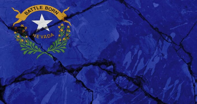 A panning video of a cracked wall with The nevada state flag of the United States of America