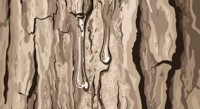 Vector illustration of clear sticky resin or sap dripping down the rough, textured bark of a tree trunk, showing detailed crevices and organic patterns in earthy brown tones.