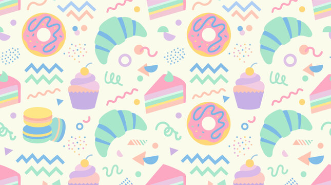 Seamless Bakery and Sweet Treats Pattern with Modern Memphis Style Dessert Illustrations