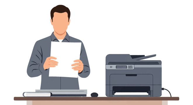 Flat vector illustration of a faceless male office worker in a gray button-down shirt holding a white sheet of paper next to a modern printer on a desk, isolated on white background.
